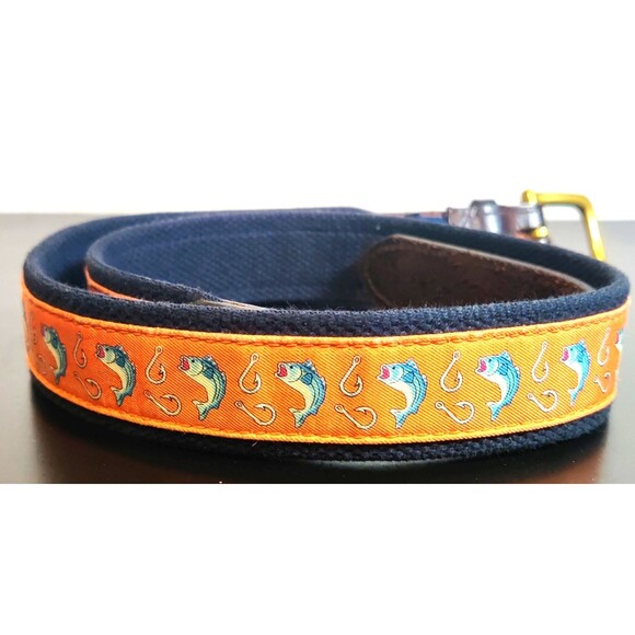 Vineyard Vines Orange Fish Canvas and Leather Tipped Men's belt Size 36 - Picture 3 of 16